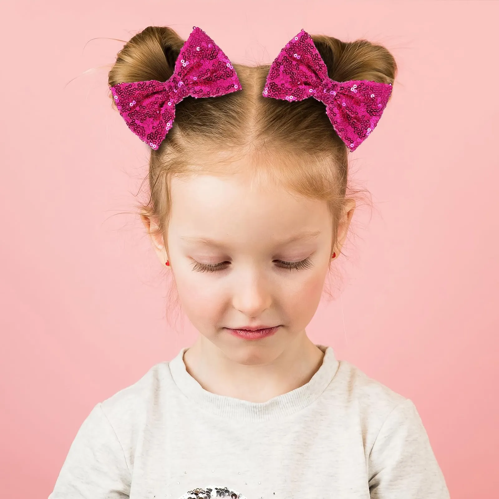 4" Hot Pink Sparkly Glitter Sequin Hair Bows Clips for Toddler Girls Valentines Christmas Birthday Gift Party Dress Outfit Decor Accessories Wedding Alligator Barrettes Hairpins