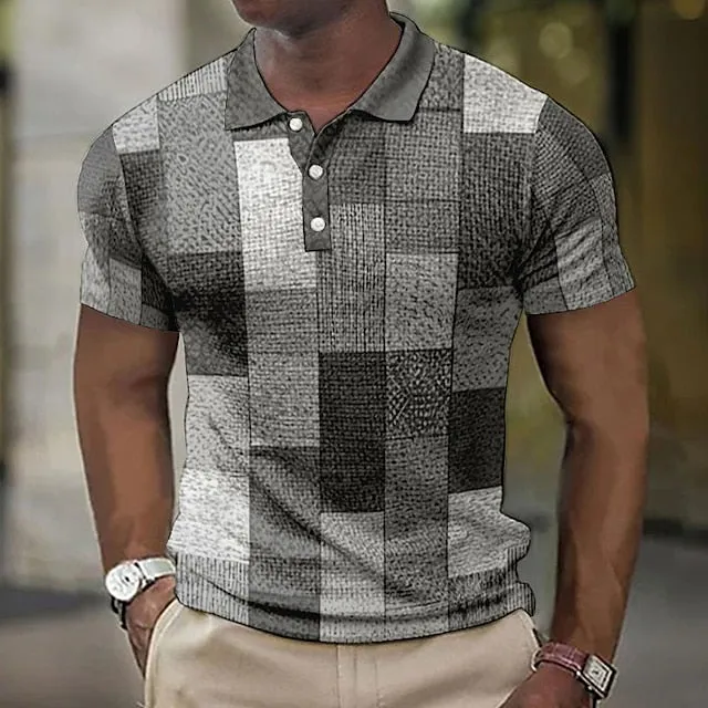 Abstract Patterned Men's Long Sleeve Polo Shirt with Turndown Neckline