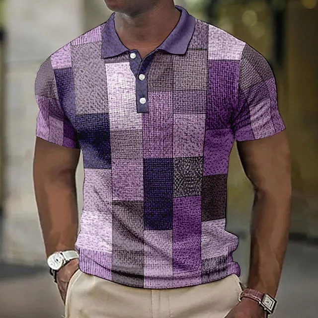 Abstract Patterned Men's Long Sleeve Polo Shirt with Turndown Neckline