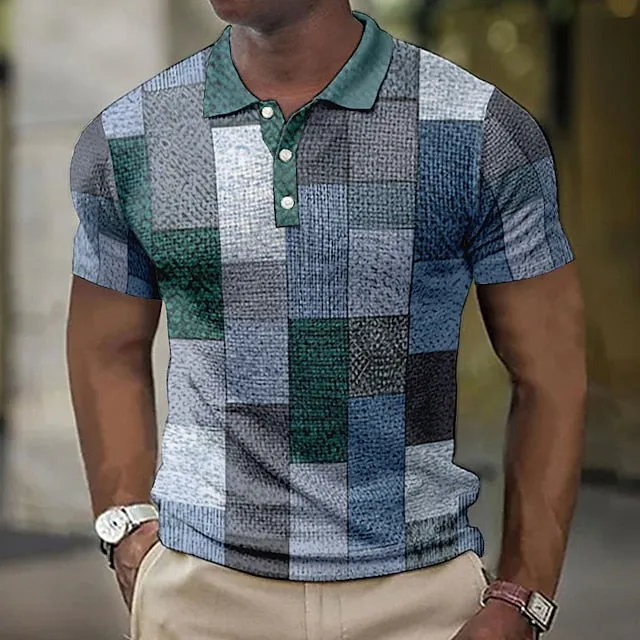 Abstract Patterned Men's Long Sleeve Polo Shirt with Turndown Neckline