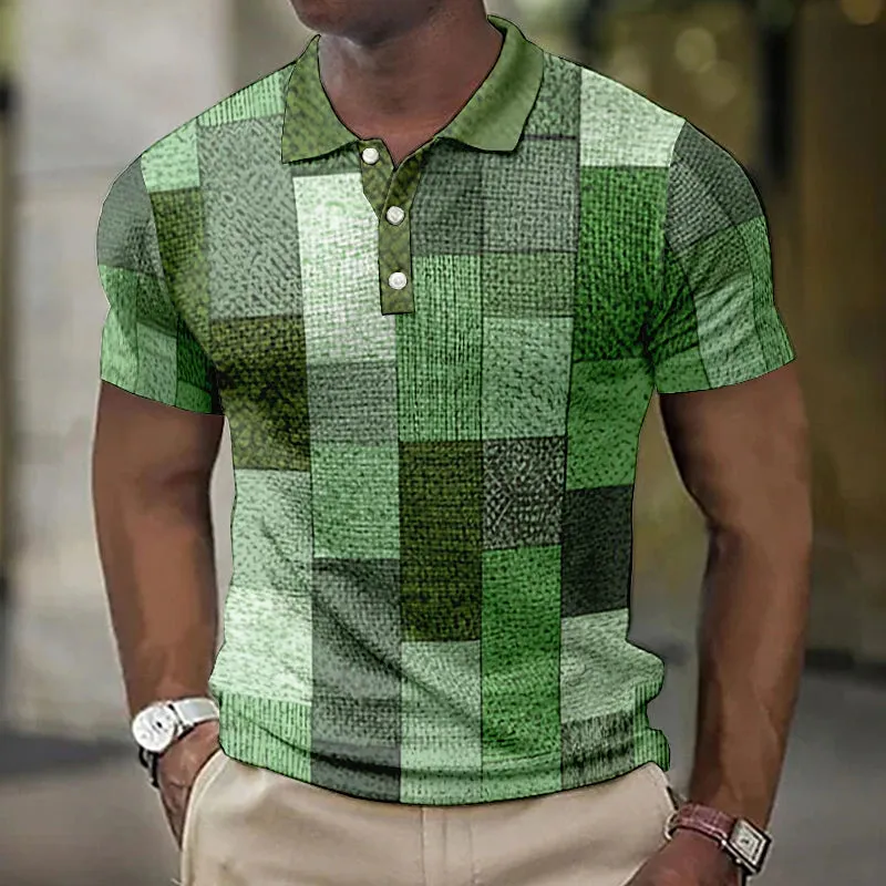 Abstract Patterned Men's Long Sleeve Polo Shirt with Turndown Neckline