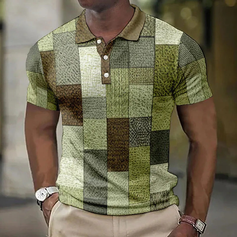 Abstract Patterned Men's Long Sleeve Polo Shirt with Turndown Neckline