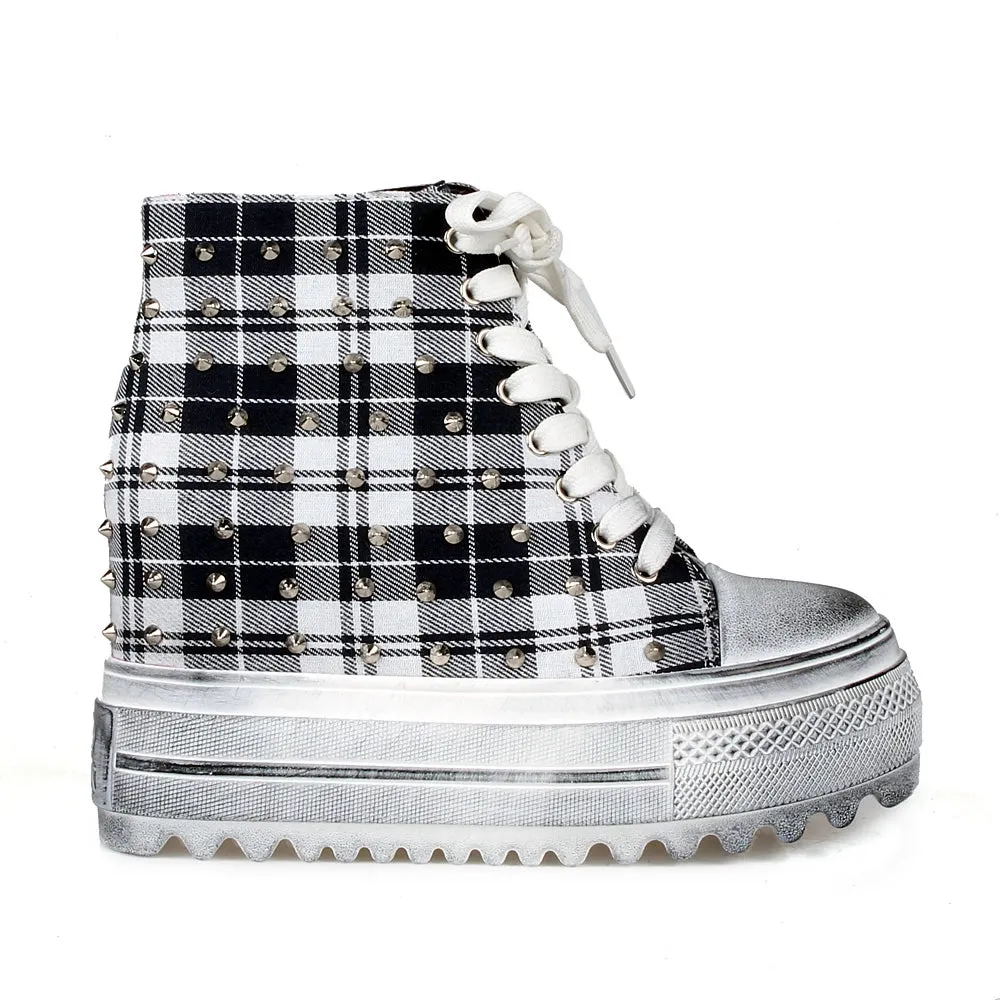 Anthony Wang Cherry Punch Sport Sneaker Blue Plaid Wedge Platform Lace Up