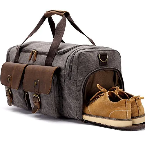 BLUBOON Canvas Duffle Bag Oversized Genuine Leather Overnight Bag for Men and Women Travel Carry on