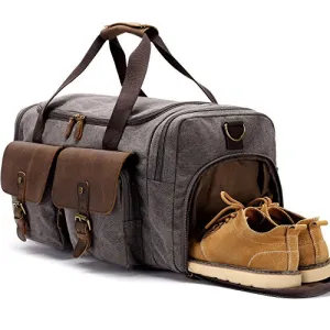 BLUBOON Canvas Duffle Bag Oversized Genuine Leather Overnight Bag for Men and Women Travel Carry on
