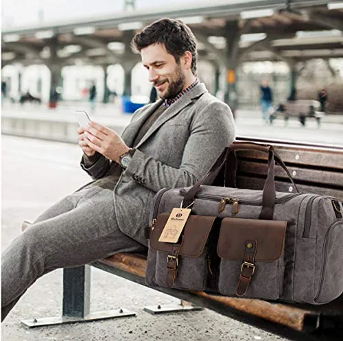 BLUBOON Canvas Duffle Bag Oversized Genuine Leather Overnight Bag for Men and Women Travel Carry on