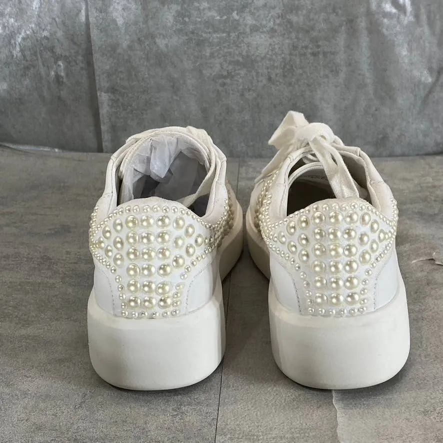 INC Women's White Imitation Pearl Embellished Alleni Lace-Up Sneakers SZ 5.5