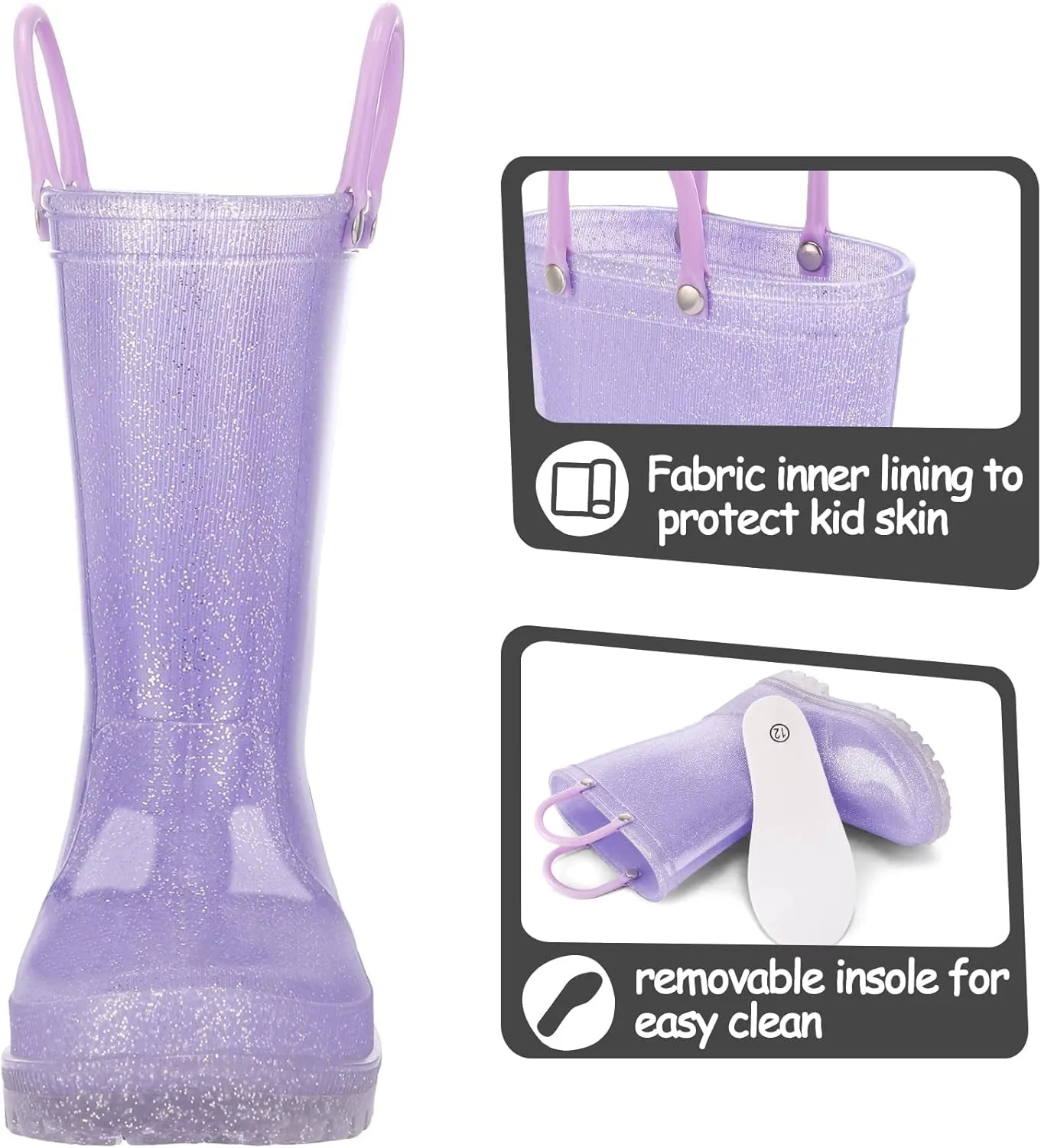 Kids Rain Boots, Waterproof Light up Boots with Easy-On Handles