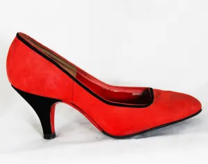 Size 4 Art Deco Shoes - Unworn 1950s Salmon Pink & Black High Heels - 50s Small Size Pumps - Two-Tone Butter Soft Suede - 4B Deadstock